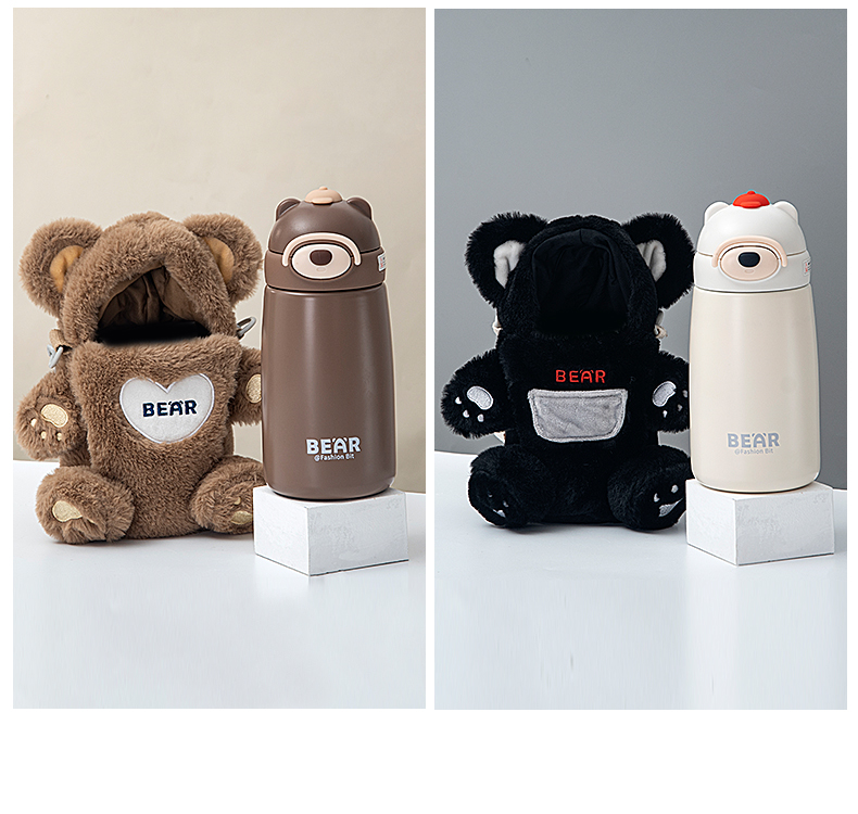 850ML绒绒熊保温杯316不锈钢可爱毛绒杯套吸管水杯