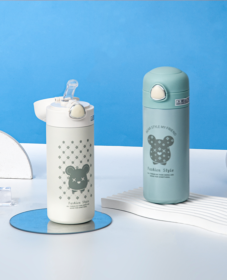 350ML欧雅线描小熊保温杯304不锈钢弹跳盖吸管杯