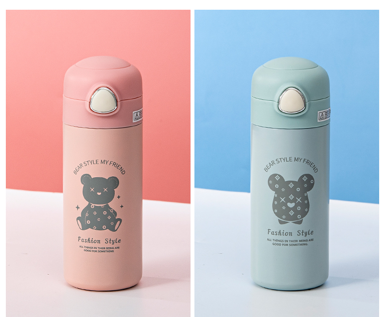 350ML欧雅线描小熊保温杯304不锈钢弹跳盖吸管杯