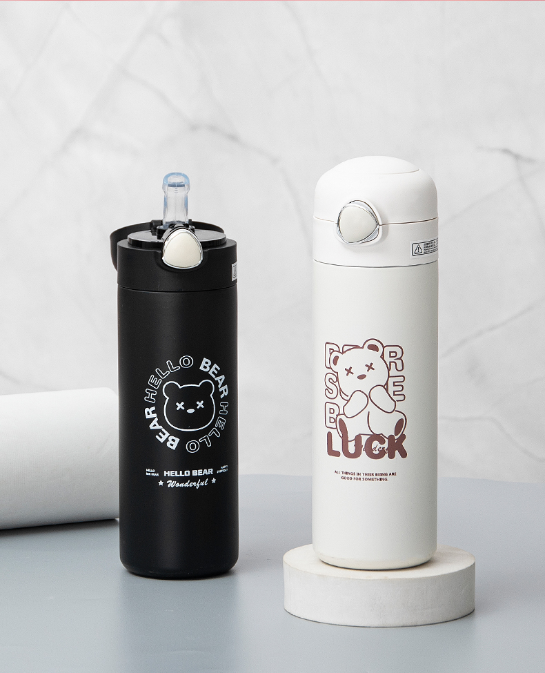 450ML欧雅线描卡通保温杯304不锈钢弹跳盖吸管杯