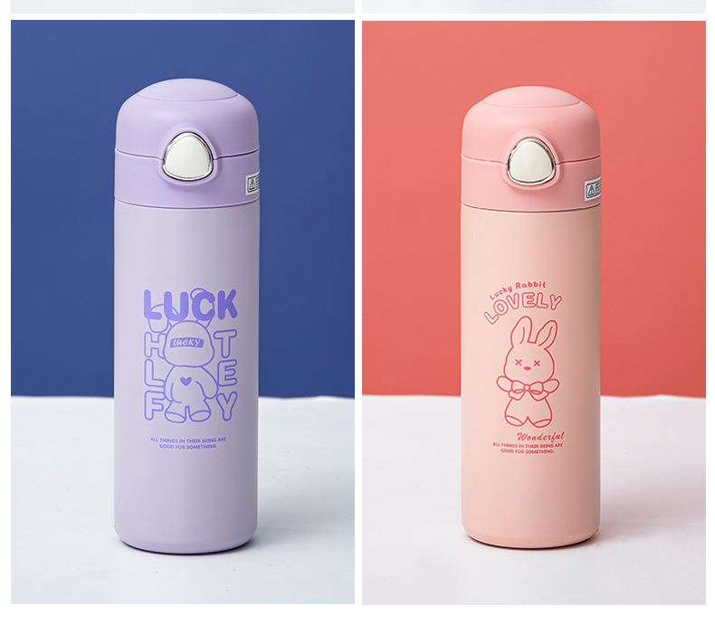 450ML欧雅线描卡通保温杯304不锈钢弹跳盖吸管杯