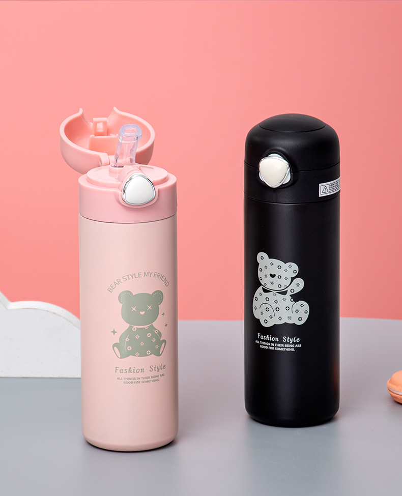 450ML欧雅线描小熊保温杯304不锈钢弹跳盖吸管杯