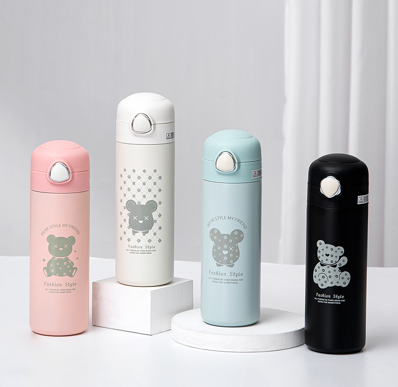 450ML欧雅线描小熊保温杯304不锈钢弹跳盖吸管杯