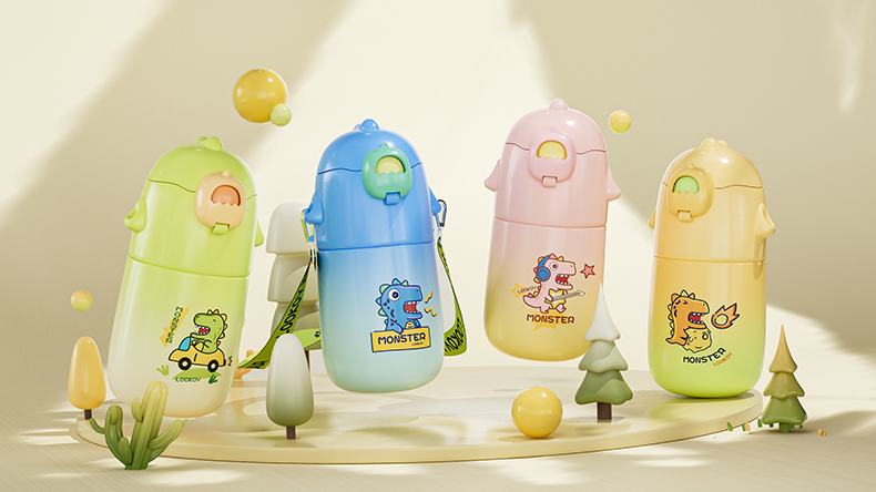 480ML渐变恐龙保温杯304不锈钢卡通可爱儿童吸管杯