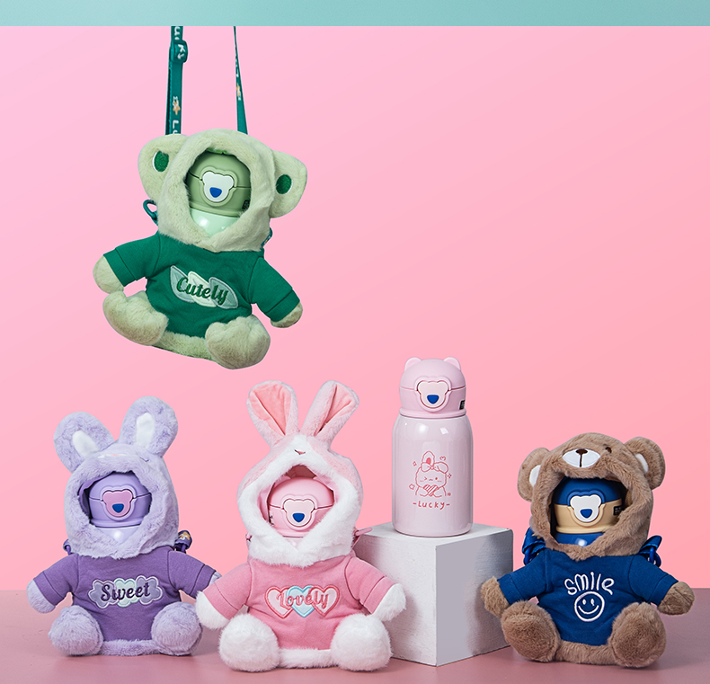 450ML卡通毛绒小熊单盖儿童保温杯304不锈钢吸管杯