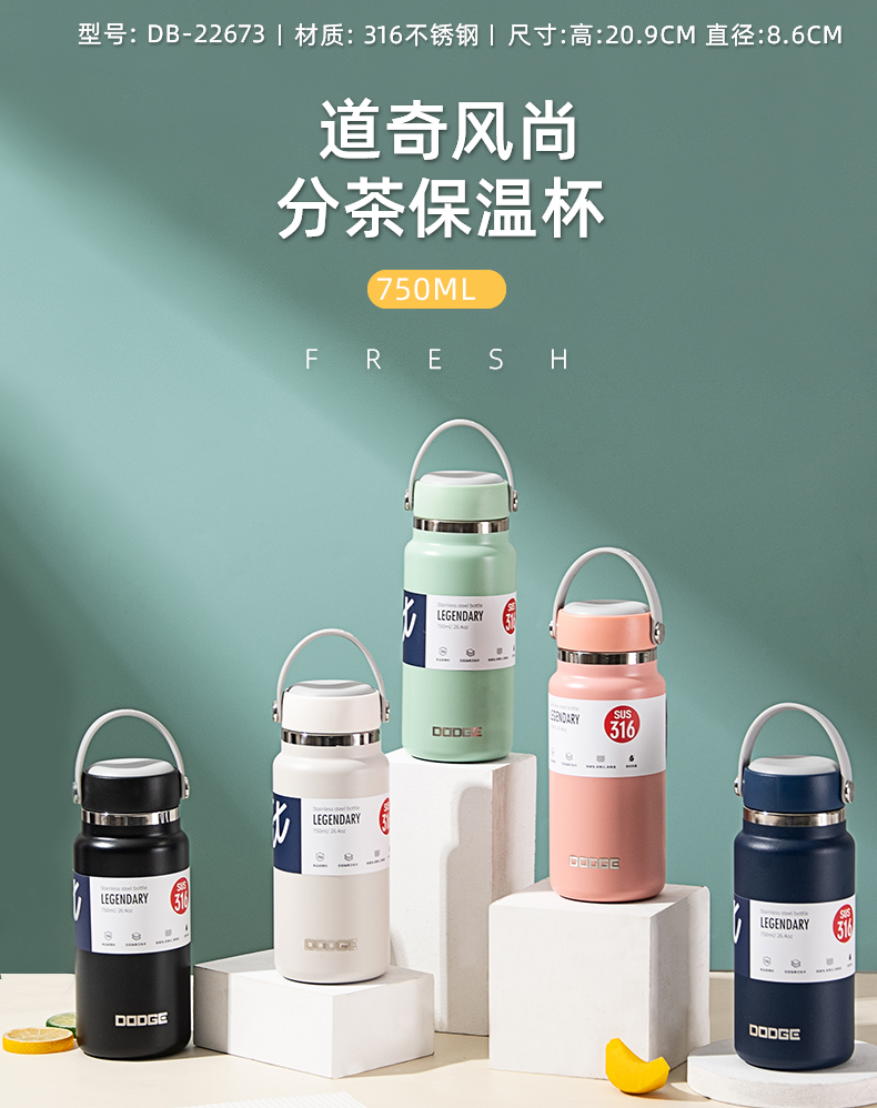 750ML道奇风尚提手泡茶保温杯