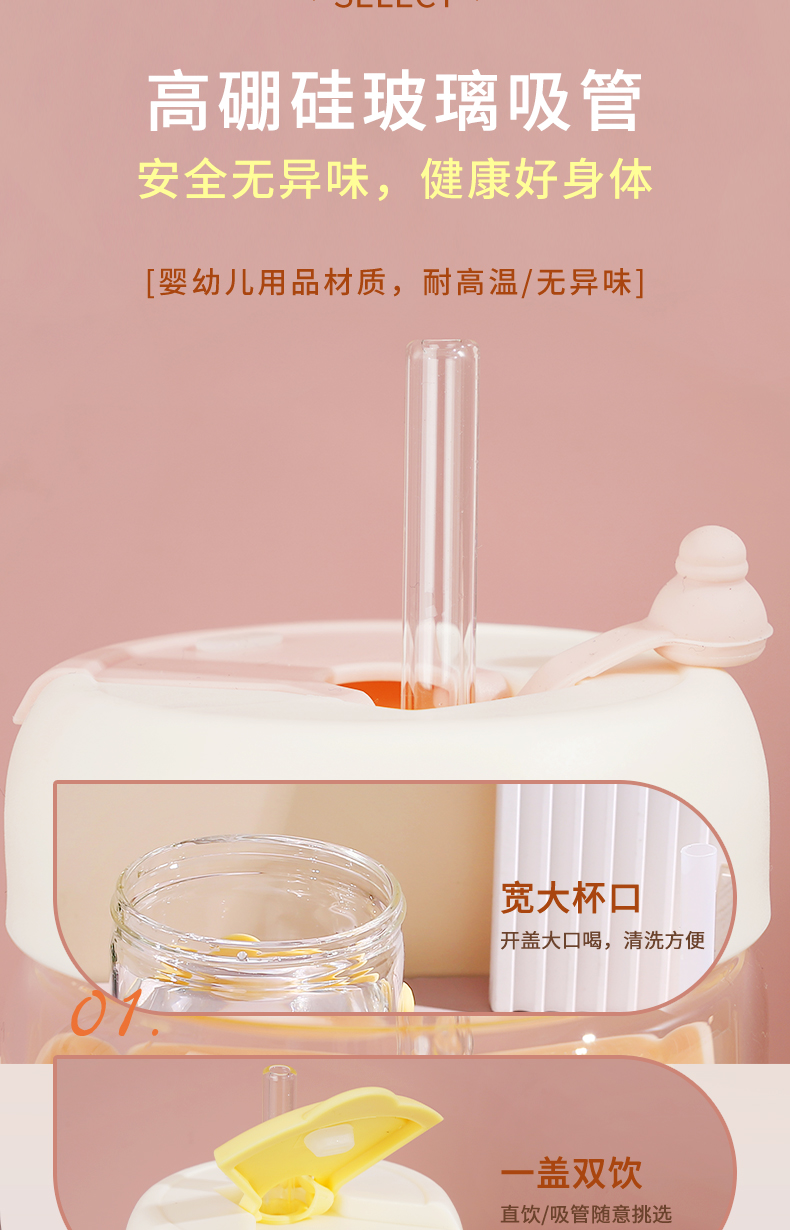 430ML太阳花硅胶吸管玻璃杯