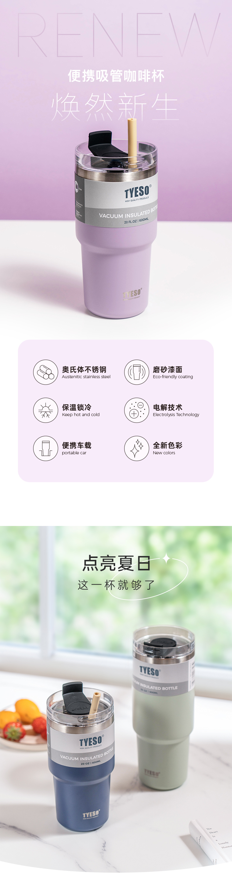 600ML大容量12#咖啡杯304不锈钢车载保温杯带吸管