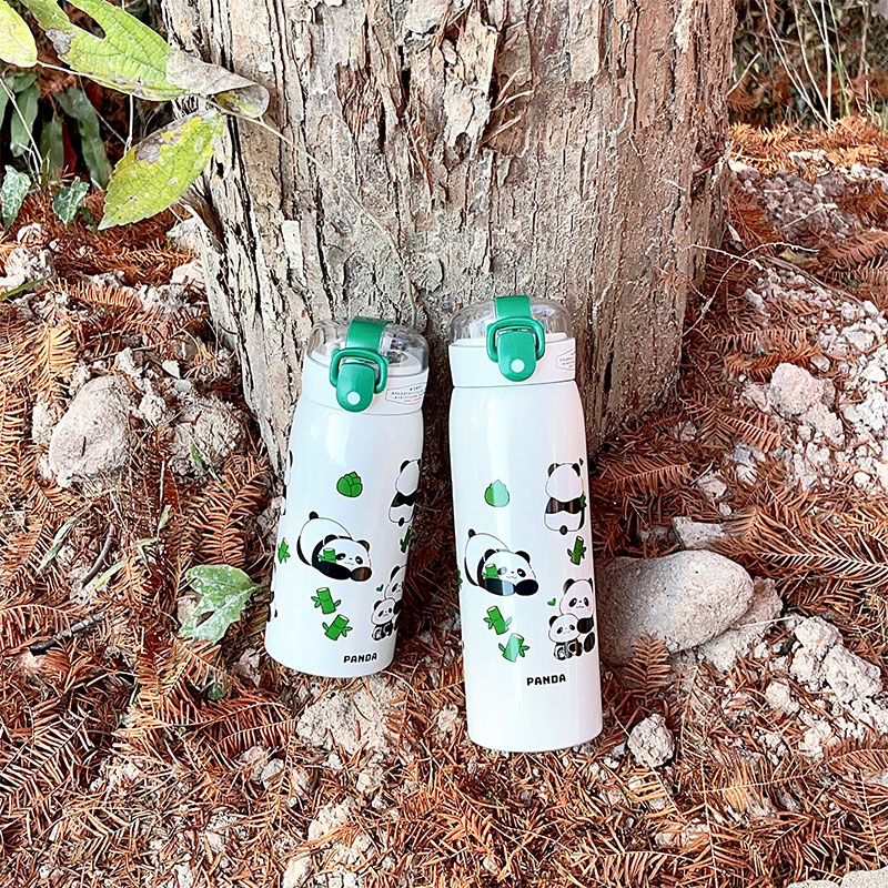 350ML萌熊透明吸管熊猫保温杯