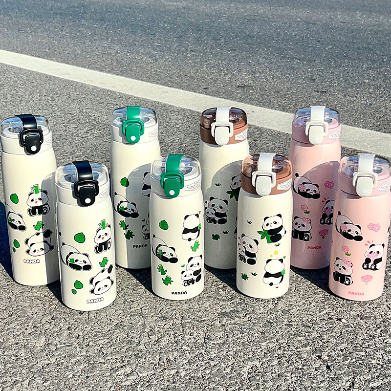 350ML萌熊透明吸管熊猫保温杯