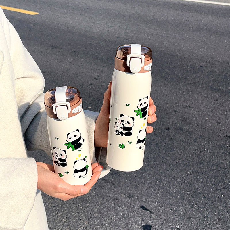 350ML萌熊透明吸管熊猫保温杯