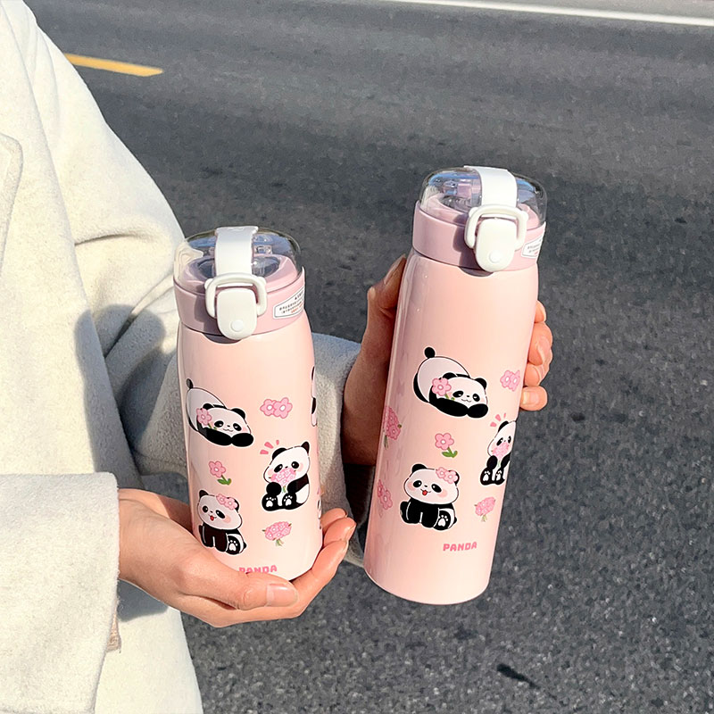 350ML萌熊透明吸管熊猫保温杯