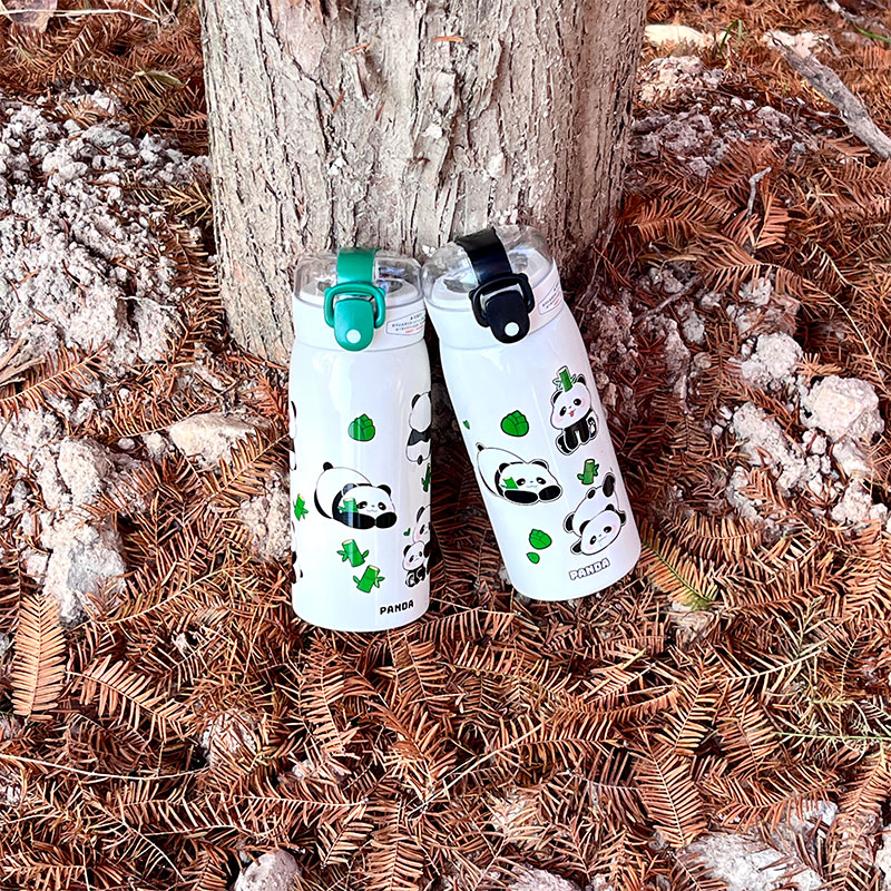 500ML萌熊透明吸管熊猫保温杯