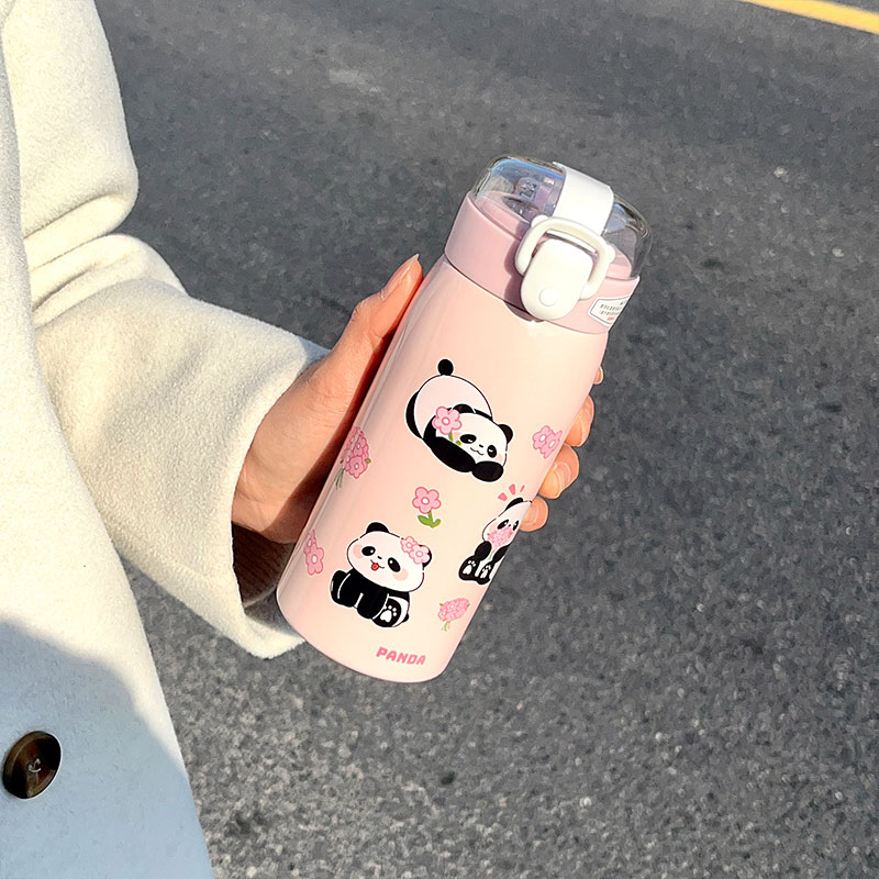 500ML萌熊透明吸管熊猫保温杯