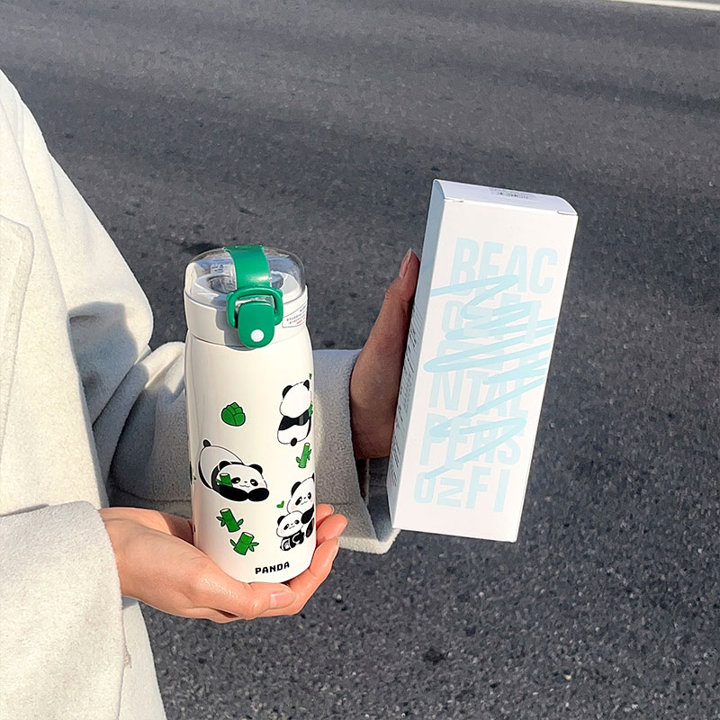 500ML萌熊透明吸管熊猫保温杯