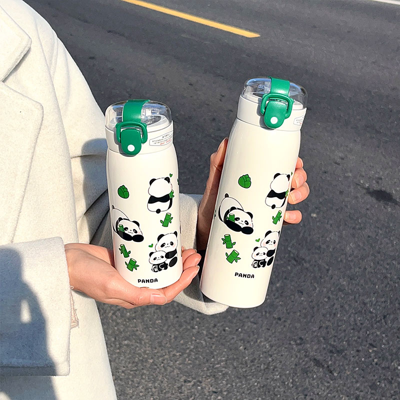 500ML萌熊透明吸管熊猫保温杯